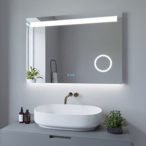 Badspiegel mit Beleuchtung und Bluetooth Lautsprecher 100x70 cm LED Wandspiegel Badezimmerspiegel Kaltweiß 6400K Kosmetikspiegel Schminkspiegel Touch Schalter Dimmbar für Wandschalter Antibeschlag von AQUABATOS