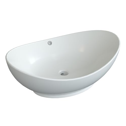 Design-Waschbecken aus Keramik Weiß Oval 60 x 39 cm Aufsatzwaschbecken Moderner Waschtisch für Unterschrank Waschplatz Handwaschbecken Überlauf | OHNE Hahnloch | OHNE Wasserhahn | OHNE Ablaufventil von AQUABATOS