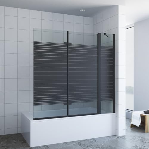 Duschabtrennung Badewanne schwarz 150 x 140 cm Badewannenaufsatz 3 Teilig faltbar Duschtrennwand Faltwand Badewannenfaltwand Duschwand Glas Dusche Festteil mit Eckregale 5 mm Sicherheitsglas ESG NANO von AQUABATOS