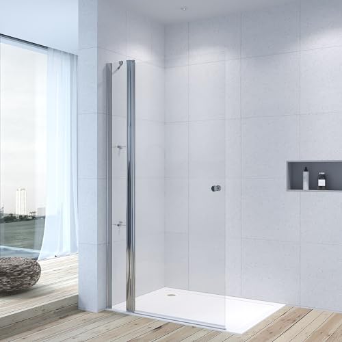 Duschabtrennung Duschwand Glas 120 x 197 cm Walkin Dusche Duschtür rahmenlos Drehtür Schwingtür mit Festteil und Eckregale begehbare Dusche Glaswand Echtglas 6 mm Nanobeschichtung | ohne Magnetprofil von AQUABATOS