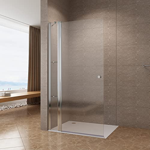 Duschabtrennung Duschwand Glas 85 x 197 cm Walkin Dusche Duschtür rahmenlos Drehtür Schwingtür mit Festteil und Eckregale begehbare Dusche Glaswand Echtglas 6 mm Nanobeschichtung | ohne Magnetprofil von AQUABATOS