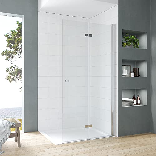 Duschabtrennung faltbar 115 cm Walk-in Dusche Duschwand Glas Falttür für Duschwanne Faltwand Drehfalttür Faltdusche Glaswand Duschfaltwand Sicherheitsglas 5 mm klar | Öffnungsseite OHNE Wandprofil von AQUABATOS