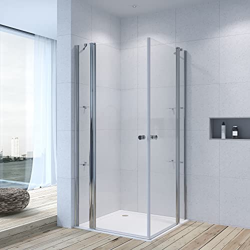 Duschkabine 120x120 cm Eckeinstieg Glas Pendeltür Duschabtrennung Rahmenlos Eckig Ebenerdige Montage Duschtür Schwingtür mit Festteil Eckregale Eckdusche Echtglas 6 mm NANO Beschichtung Höhe 197 cm von AQUABATOS