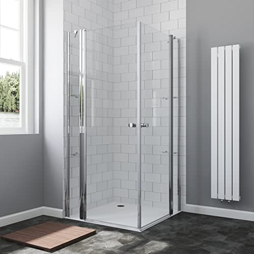 Duschkabine 90 x 90 x 195 cm Eckeinstieg Schwingtüren an Festteilen Eckdusche mit Duschtür Doppeltür Pendeltür Drehtür rahmenlose Bodengleiche Dusche Eckduschwand Glas mit Eckablage Eckregale von AQUABATOS