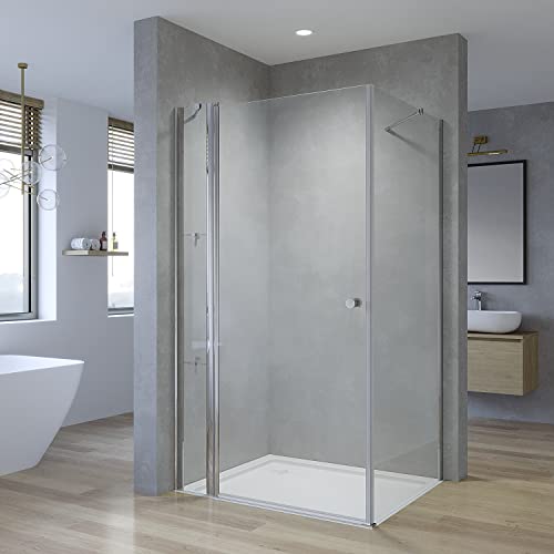 Duschkabine Eckeinstieg 120x70 x 197 cm Duschabtrennung Duschwand Glas Eck Dusche Duschtür an Festteil mit festem Seitenteil Eckdusche rahmenlos Drehtür Schwingtür Pendeltür Eckregale Eckablage von AQUABATOS