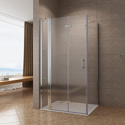 Duschkabine Eckeinstieg 140x90 x 197 cm Duschabtrennung Duschwand Eck Dusche Duschtür an Festteil mit festem Seitenteil Eckdusche rahmenlos Falttür Drehtür Drehfalttür Nanoglas Eckregale Eckablage von AQUABATOS