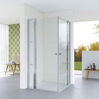 Duschkabine Eckeinstieg Schwingtüren an Festteilen Eckdusche mit Duschtür Doppeltür Pendeltür Drehtür rahmenlose Eckduschwand Glas mit Eckablage von AQUABATOS
