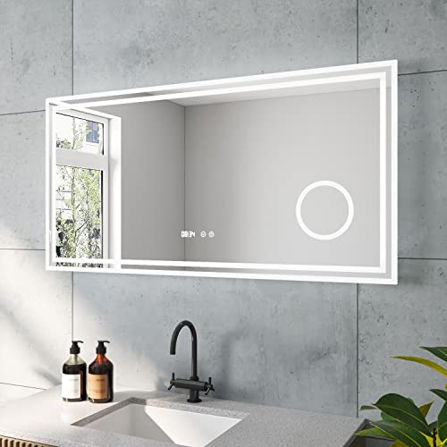 ESSENS-Serie LED Spiegel 120x60 cm Badspiegel Badezimmerspiegel mit Beleuchtung Beschlagfrei Antibeschlag Kosmetikspiegel Uhrzeit Touch Schalter Dimmbar Memory-Funktion für Wandschalter Lichtschalter von AQUABATOS