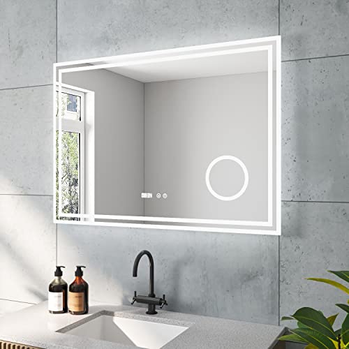 ESSENS-Serie Lichtspiegel 100x70 cm LED Spiegel Eckig mit indirekte Beleuchtung Kaltweiß 6400K Kosmetikspiegel 3-Fach Vergrößerung Uhr Touch Schalter Dimmbar Memory-Funktion für Wandschalter von AQUABATOS