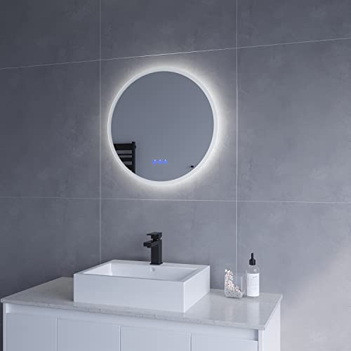 Lichtspiegel Rund 60 cm Wandspiegel Badspiegel mit Beleuchtung Lichtschalter Badezimmerspiegel Dimmbare Touch Schalter Farbtemperatur kaltweiß Neutralweiß Warmweiß Spiegel heizung beschlagfrei von AQUABATOS
