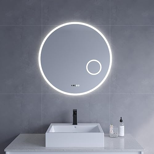Runder LED Badspiegel 80cm Uhr Rundspiegel mit hinterleuchteter Beleuchtung und integrierten Kosmetikspiegel mit 3-facher Vergrößerung Antibeschlag Touch Schalter Dimmbar Kaltweiß 6400K Wandschalter Runder LED Badspiegel 80cm Uhr Rundspiegel mit hinterleuchteter Beleuchtung und integrierten Kosmetikspiegel mit 3-facher Vergrößerung Antibeschlag Touch Schalter Dimmbar Kaltweiß 6400K Wandschalter von AQUABATOS