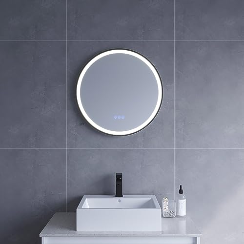 Spiegel rund Ø 60 cm runder Wandspiegel in schwarz Badspiegel rund mit hochwertigen Aluminiumrahmen Badezimmerspiegel mit LED Beleuchtung Antibeschlag Touch Schalter Dimmbar Kaltweiß für Wandschalter von AQUABATOS