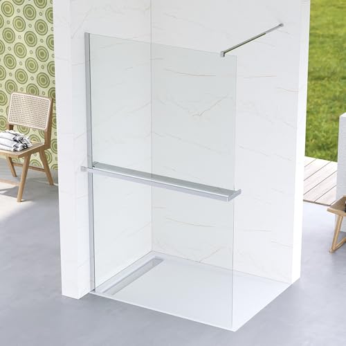 Walk in Duschglas 100x200 cm Duschwand Glas für Begehbare Dusche mit Handtuchhalter Duschablage Duschregal Badregal ESG Sicherheitsglas 8 mm klar NANO beschichtet Stabilisator Edelstahl Chromoptik von AQUABATOS