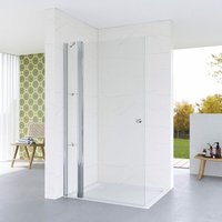 Walk in Duschwand Glas mit Drehtür an Festteil Duschabtrennung Begehbare Dusche Duschtrennwand aus Echtglas klar 5 mm Festteil mit 2 Acryl Eckregalen von AQUABATOS