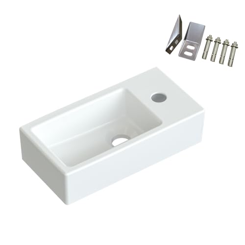 Waschbecken Keramik Waschtisch Hängewaschbecken klein Handwaschbecken Weiß Eckig 40 x 20 cm Badezimmer Gäste WC Hahnloch Rechts mit Stockschrauben | OHNE Überlauf | OHNE Wasserhahn | OHNE Ablaufventil von AQUABATOS