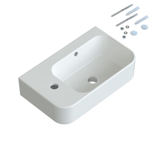 Waschbecken Keramik Waschtisch Hängewaschbecken klein Handwaschbecken Weiß Eckig 45 x 27 cm Badezimmer Gäste WC | Hahnloch Links | Überlauf | Stockschrauben | OHNE Wasserhahn | OHNE Ablaufventil von AQUABATOS