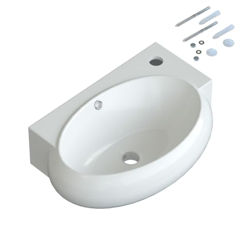 Waschbecken Keramik Waschtisch Hängewaschbecken klein Handwaschbecken Weiß Eckig-Oval 44 x 29 cm Badezimmer Gäste WC | Hahnloch Rechts | Überlauf | Stockschrauben | OHNE Wasserhahn | OHNE Ablaufventil von AQUABATOS