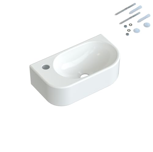 Waschbecken Keramik Waschtisch Hängewaschbecken klein Handwaschbecken Weiß Oval 40 x 21 cm Badezimmer Gäste WC Hahnloch Links mit Stockschrauben | OHNE Überlauf | OHNE Wasserhahn | OHNE Ablaufventil von AQUABATOS