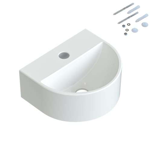 Waschbecken aus Keramik 30 x 25 cm Waschtisch Hängewaschbecken klein Halbrund Ovales Handwaschbecken Wandmontage Sanitärkeramik in weiß für Badezimmer Gäste WC mit Hahnloch | OHNE Überlauf von AQUABATOS