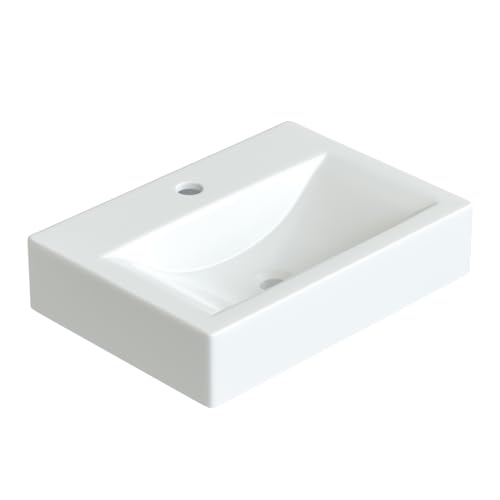 Waschbecken aus Keramik Eckig 45 x 33 cm Aufsatzwaschbecken für Waschtisch Unterschrank Waschplatz Handwaschbecken Weiß mit Hahnloch | OHNE Überlauf | OHNE Wasserhahn | OHNE Ablaufventil von AQUABATOS
