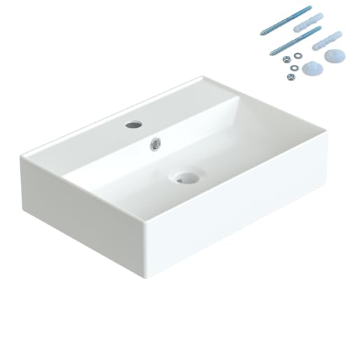 Waschbecken aus Keramik Eckig 50 x 35 cm Aufsatzwaschbecken für Waschtisch Unterschrank Waschplatz Gäste WC Hängewaschbecken Handwaschbecken Weiß Wandhängend mit Hahnloch Überlauf Stockschrauben M10 von AQUABATOS