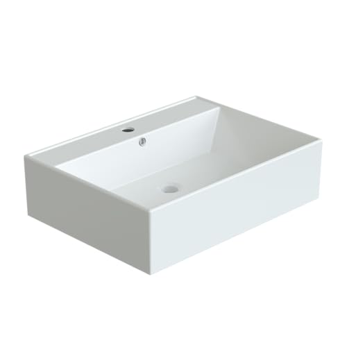 Waschbecken aus Keramik Weiß Eckig 59 x 44 cm Aufsatzwaschbecken für Waschtisch Unterschrank Waschplatz Gäste WC Hängewaschbecken Handwaschbecken mit Hahnloch Überlauf | OHNE Wasserhahn Ablaufventil von AQUABATOS