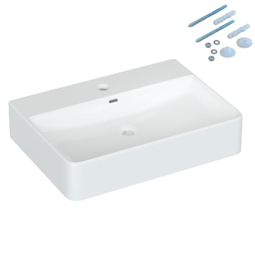 Waschbecken aus Keramik Weiß Eckig 60 x 42 cm Aufsatzwaschbecken für Waschtisch Unterschrank Waschplatz Hängewaschbecken Badezimmer Handwaschbecken Wandhängend Bad mit Hahnloch Überlauf Stockschrauben von AQUABATOS