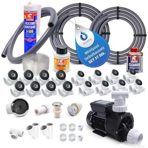 AQUADE 37-teiliges Set Whirlpоol Badewanne Selbstbausatz - Bausatz mit Whirlpоol Pumpe 0,75 HS, Schlauch, 16x Whirlpооl Düsen, 6X Kappe, Startknopf, Lüftregler, Kleber, Silikon, Reiniger und mehr von AQUADE