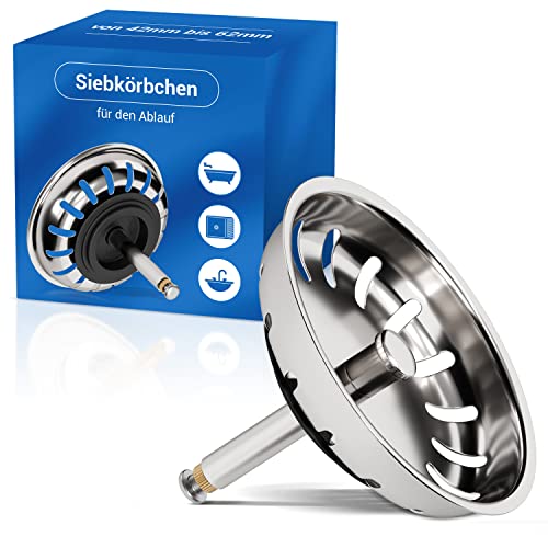 AQUADE 6052 Siebkörbchen mit Hubstange 8x42-62mm und Gummidichtung für Küchenspülen mit Excenterbedienung, aus Edelstahl, Siebkorb 81mm von AQUADE