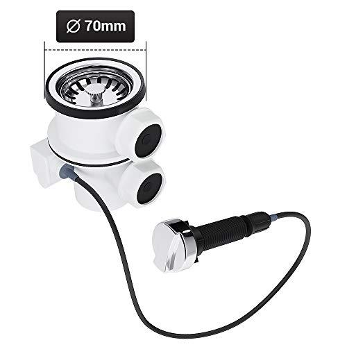 AQUADE Spülenablauf Ablaufgarnitur mit Siebkorb 70 mm 1 1/2 Zoll mit Drehexcenter per Bowdenzug zwei seitlichen 25 mm Abgängen für Überlauf Spül/Waschmaschine von AQUADE