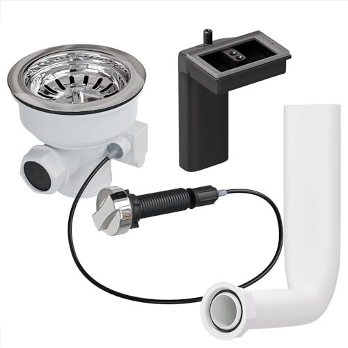 Aquade Siebkorbventil 114mm - Siebkorb Spüle - Siphon Spüle - Sifon Spüle Set Für Küche - Spülbecken Abfluss - Modell: Bowdenzug + Abtropfüberlauf von AQUADE