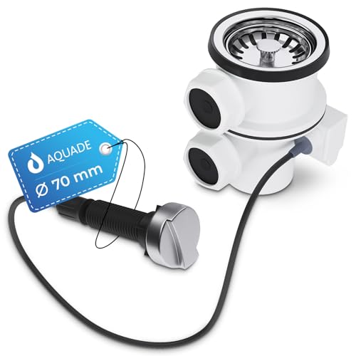 Aquade Siebkorbventil 70mm - Siebkorb Spüle - Siphon Spüle - Sifon Spüle Set Für Küche - Spülbecken Abfluss - Modell: Bowdenzug + zwei seitlichen Abgängen für Überlauf von AQUADE