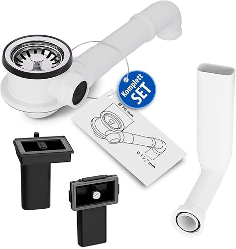 Aquade Siebkorbventil 70mm - Siebkorb Spüle - Siphon Spüle - Sifon Spüle Set Für Küche - Spülbecken Abfluss - Modell: Raumschaffer + Abtropfüberlauf und Standard Überlauf von AQUADE