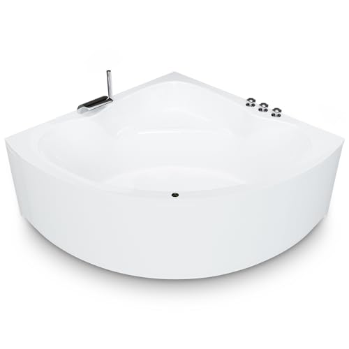 Eckbadewanne 140x140 cm Komplettset inkl. Untergestell, Ab-Überlauf und Schürzen-Set, Extra stabile Badewanne Eckwanne mit 5-Loch-Wannenrandarmatur und LED Model: Koblenz von AQUADE