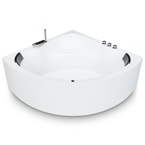 Eckbadewanne 140x140 cm Komplettset inkl. Untergestell, Ab-Überlauf und Schürze, Extra stabile Badewanne Eckwanne mit Wannenrandarmatur, LED und 2xNackenkissen Model: Koblenz von AQUADE