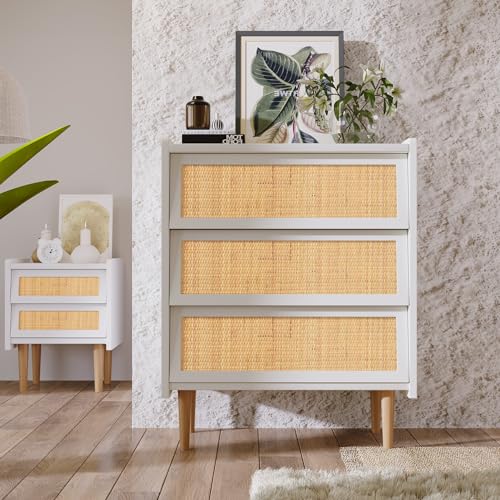 AQUAJ Schubladenkommode mit 3 Schubladen, Kommode mit Rattangeflecht, Sideboard, Highboard für Schlafzimmer und alle Wohnzimmer, Weiß, Massivholz,White-90 * 80.5 * 40CM von AQUAJ