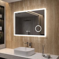 100x70 cm LED Badspiegel mit Beleuchtung und Beschlagfrei Wandspiegel, Energiesparend, mit 3-Fach Vergrößerung Kosmetikspiegel und Digitaluhr von AQUALAVOS