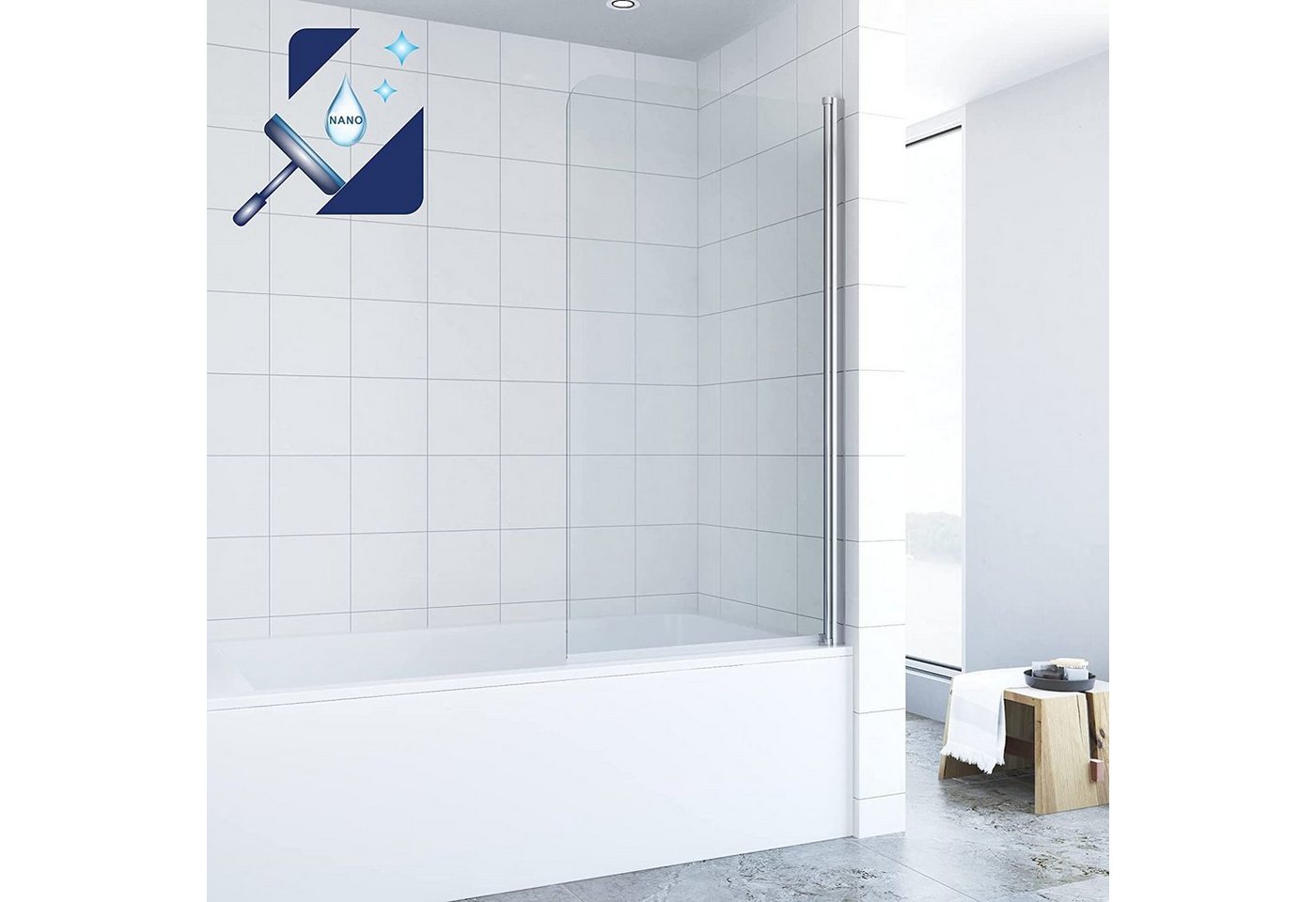 AQUALAVOS Badewannenaufsatz Badewannenaufsatz 1-teilig Nano Glas 80x140 cm Duschwand für Badewanne, Einscheiben-Sicherheitsglas (ESG) 5 mm mit Nanobeschichtung, Spritzschutz im Bad, mit Verstellbereich, Rechts- und Links Montage von AQUALAVOS