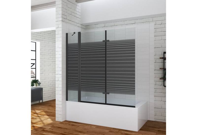 AQUALAVOS Badewannenfaltwand Badewanne 150x140 cm Badewannenaufsatz 3 Teilig Faltwand mit Eckregale, 5 mm Einscheiben-Sicherheitsglas (ESG) mit Nano einfach-Reinigung Beschichtung, Faltbar und schwenkbar 180°, schwarz Dekor Barcode, Heb-/Senk-Funktion von AQUALAVOS