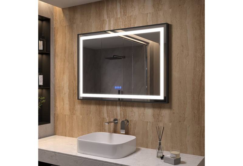 AQUALAVOS Badspiegel Antibeschlage Badezimmerspiegel mit schwarzem Rahmen LED Wandspiegel, 100x70 cm, 2 Lichtfarben Dimmbar, Memory-Funktion, Touch /Wandschalter von AQUALAVOS