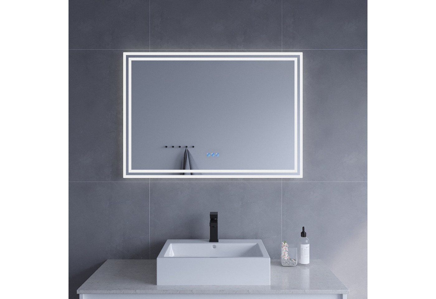 AQUALAVOS Badspiegel Badspiegel mit LED Beleuchtung Badezimmerspiegel 100x70 cm Wandspiegel, Wandschalter+Touch-Sensor+Beschlagfrei, Warmweiß/Kaltweiß Licht, IP44 AQUALAVOS Badspiegel Badspiegel mit LED Beleuchtung Badezimmerspiegel 100x70 cm Wandspiegel, Wandschalter+Touch-Sensor+Beschlagfrei, Warmweiß/Kaltweiß Licht, IP44 von AQUALAVOS