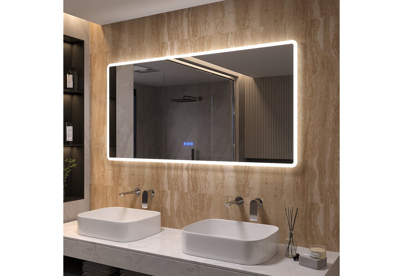 AQUALAVOS Badspiegel Badspiegel mit Warmweiß/Kaltweiß LED Beleuchtung Dimmbar Lichtspiegel, 140x70 cm, Beschlagfrei, Touchschalter/anschließbarer Wandschalter von AQUALAVOS