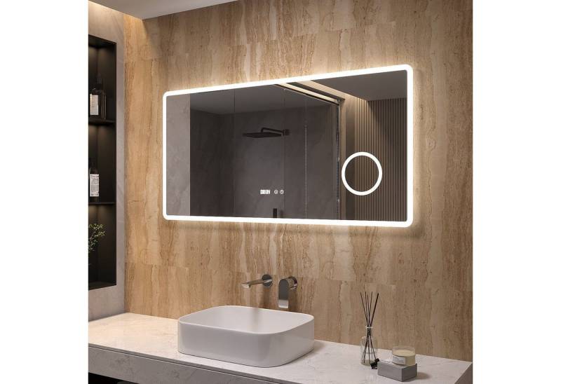 AQUALAVOS Badspiegel Badspiegel mit licht Beleuchtung 120x60 cm Touch Uhr dimmbar Spiegel, mit 3-Fach Vergrößerung Schminkspiegel, Speicherfunktion, Wandschalter von AQUALAVOS
