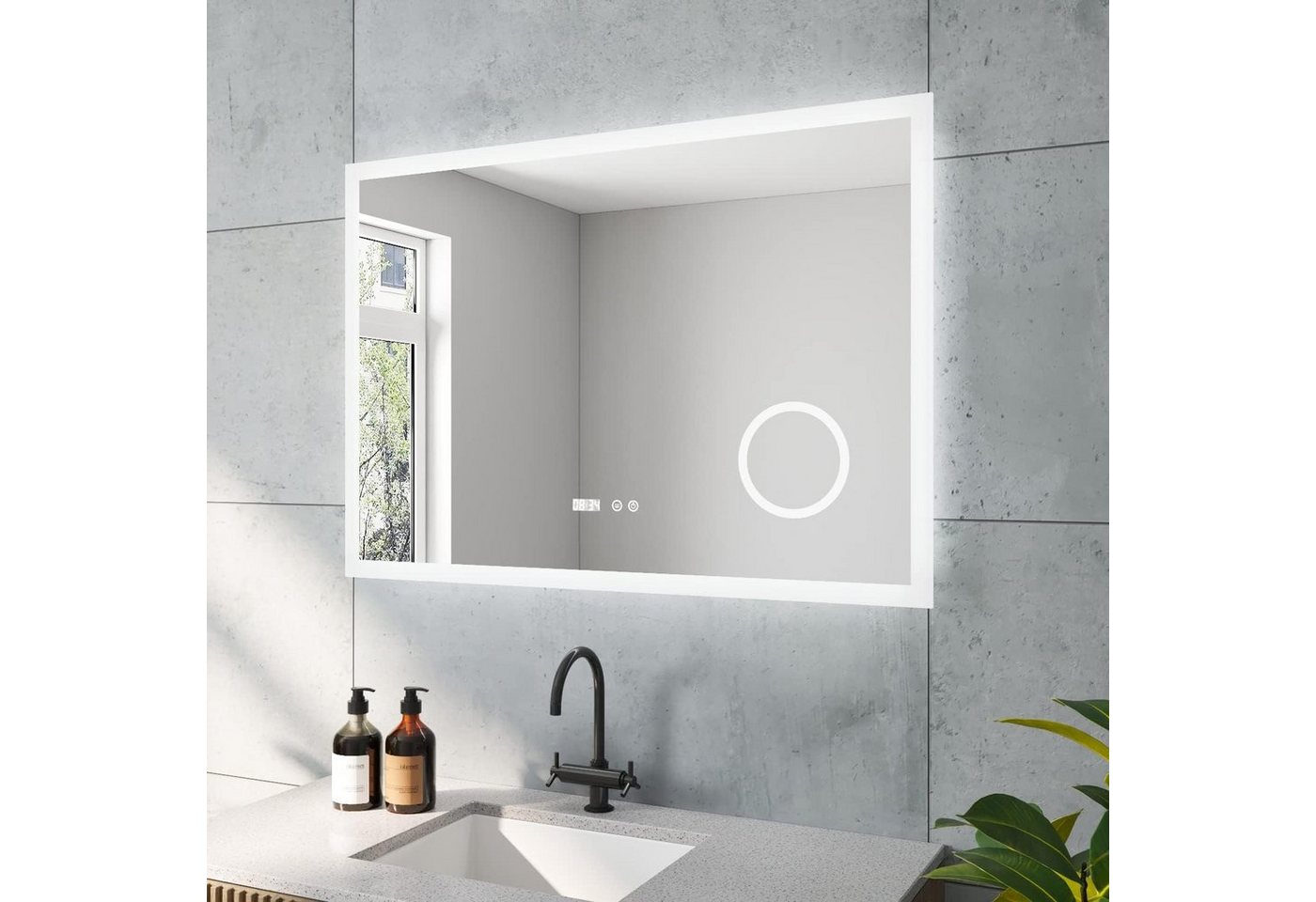 AQUALAVOS Badspiegel LED Badspiegel mit 6400K Kaltweiß Licht Beleuchtung Touch Wandspiegel, mit Uhr, Schminkspiegel mit Vergrößerungsfunktion für Gesichtsdetails von AQUALAVOS