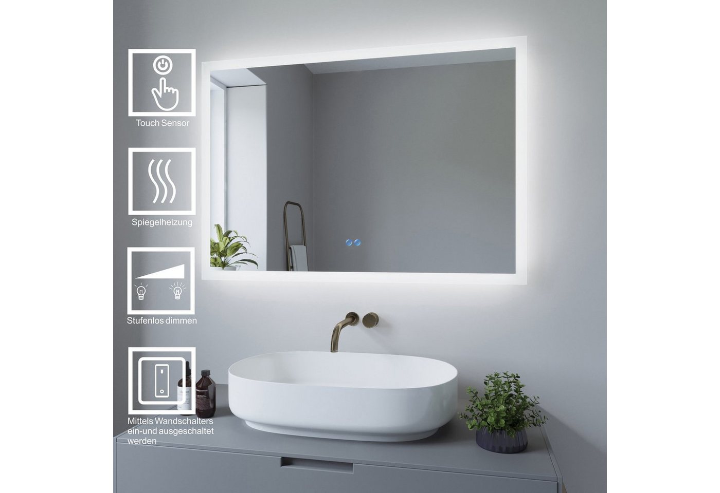 AQUALAVOS Badspiegel LED Badspiegel mit Beleuchtung Antibeschlag Touch Badezimmerspiegel, mit Kaltweiß 6400K Beleuchtung, Umweltfreundlichers Material von AQUALAVOS
