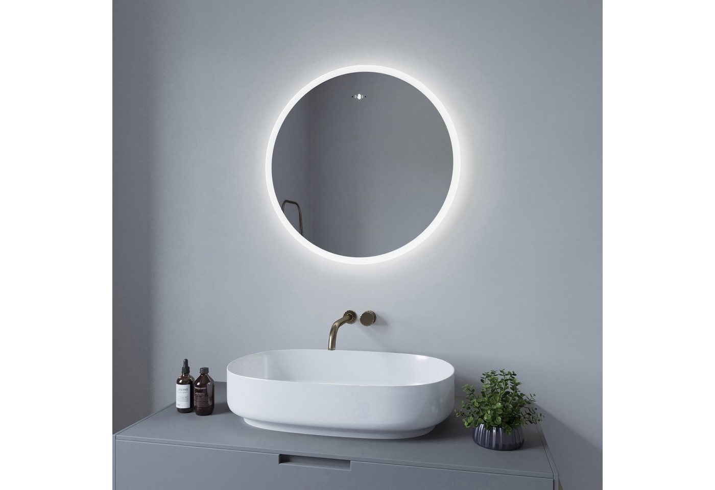 AQUALAVOS Badspiegel LED Rund Badspiegel mit Beleuchtung IR-Sensor Badezimmer Wandspiegel, Kaltweiß 6400K Lichtfarbe, Dimmbar, Energiesparend, Beschlagfrei von AQUALAVOS