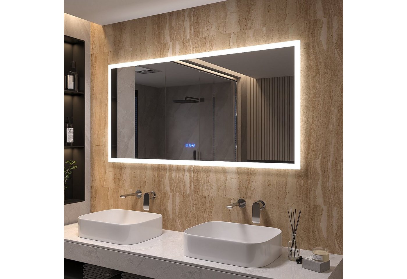 AQUALAVOS Badspiegel LED Spiegel 140x70 cm Touch Badezimmerspiegel Beschlagfrei Wandspiegel, mit 6400K Kaltweiß/ 3000K Warmweiß Licht Beleuchtung, Energiesparender von AQUALAVOS