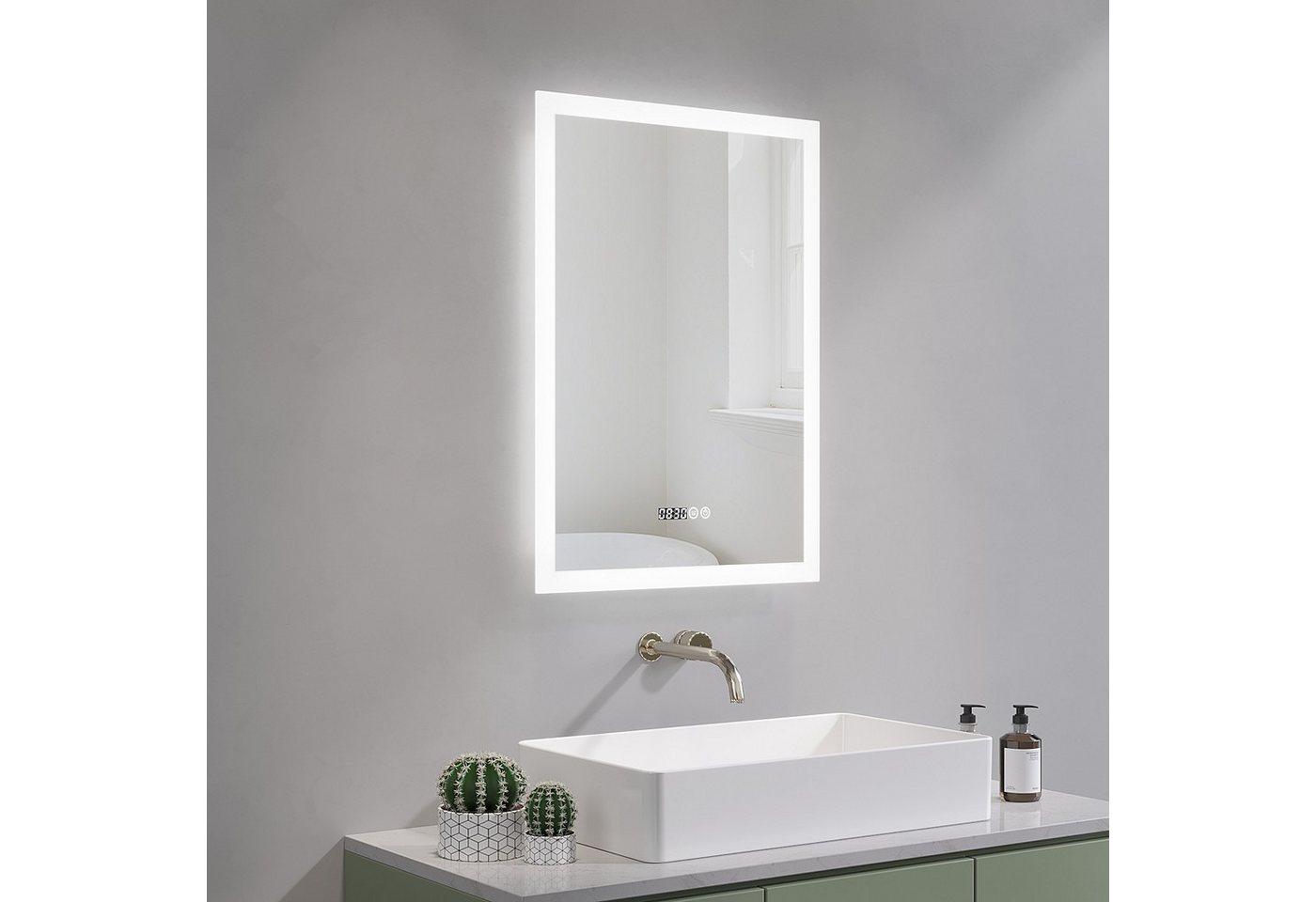 AQUALAVOS Badspiegel LED Wandspiegel 50x70cm mit 3 Lichtfarbe Dimmbar Live-Uhrzeit, Moderner LED-Spiegel von AQUALAVOS