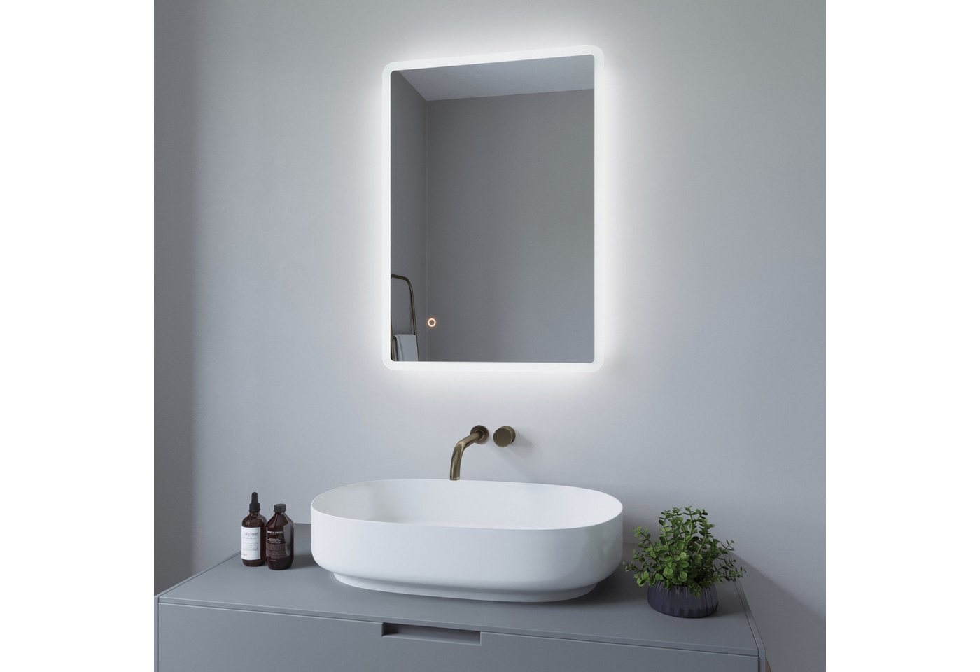 AQUALAVOS Badspiegel Led Badspiegel Touch Wandspiegel mit Beleuchtung 70x50cm Kaltweiß IP44, Touch-Schalter Dimmbar, Horizontale / vertikal Aufhängung von AQUALAVOS