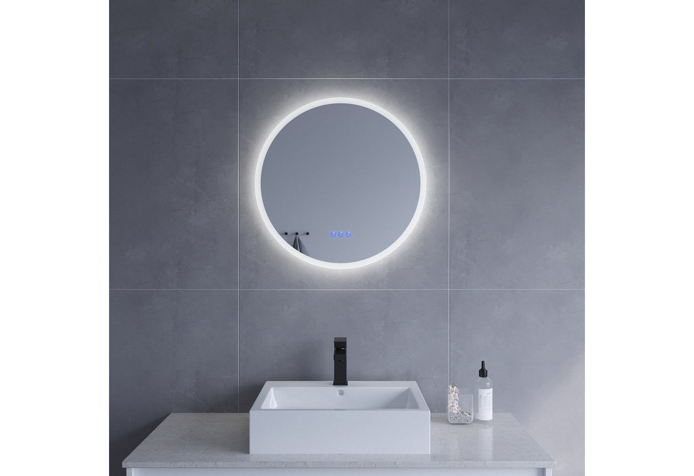 AQUALAVOS Badspiegel Spiegel Rund Badezimmerspiegel mit LED Beleuchtung Φ 60 cm Wandspiegel, mit 6400K Kaltweiß&Warmweiß 3000K Licht Beleuchtung, Energiesparender von AQUALAVOS